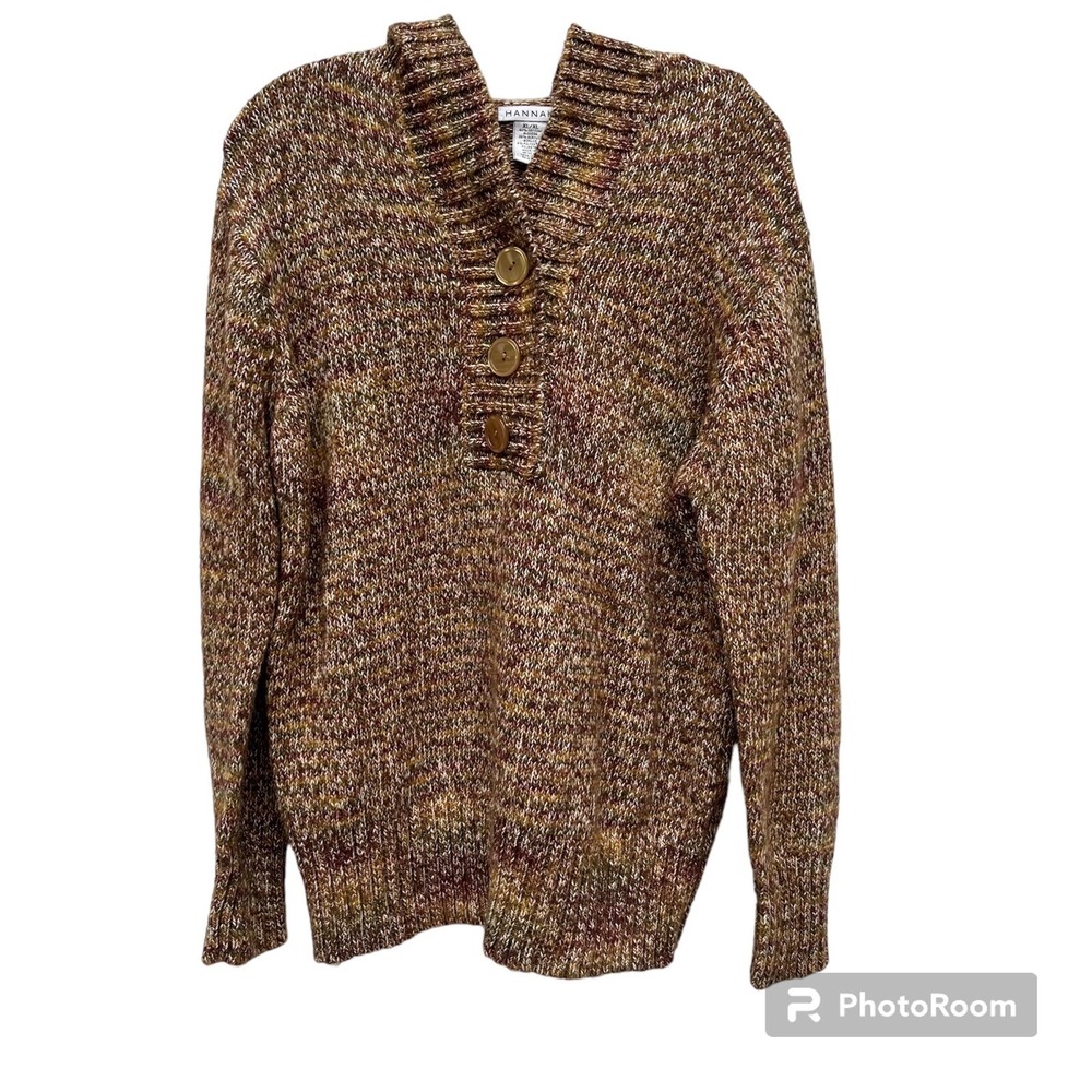 Hannah Women XL Marled Brown Cotton Blend Chunky Knit Henley Hoodie Sweater Cozy
